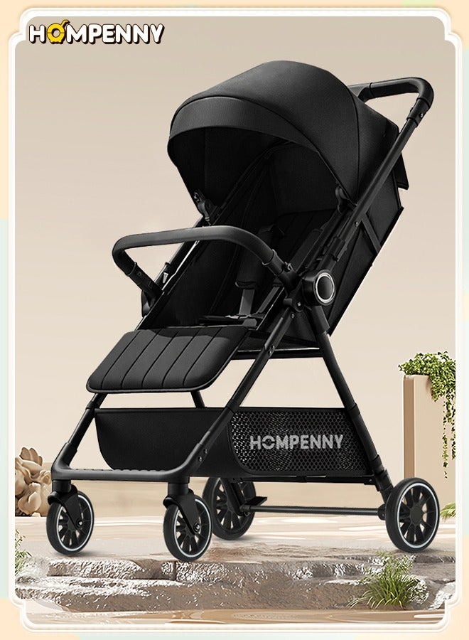 Hompenny Lightweight Reversible Travel Stroller｜High Landscape Design｜Only 4.8kg, One-Click Fold｜360° Shock-Absorbing Wheels｜Multi-Position Recline｜For 0–4 Years｜Cabin-Friendly Black Single Stroller - Image 1