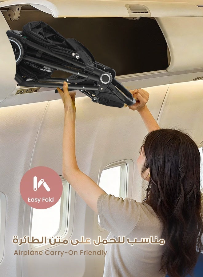 Hompenny Lightweight Reversible Travel Stroller｜High Landscape Design｜Only 4.8kg, One-Click Fold｜360° Shock-Absorbing Wheels｜Multi-Position Recline｜For 0–4 Years｜Cabin-Friendly Black Single Stroller - Image 5