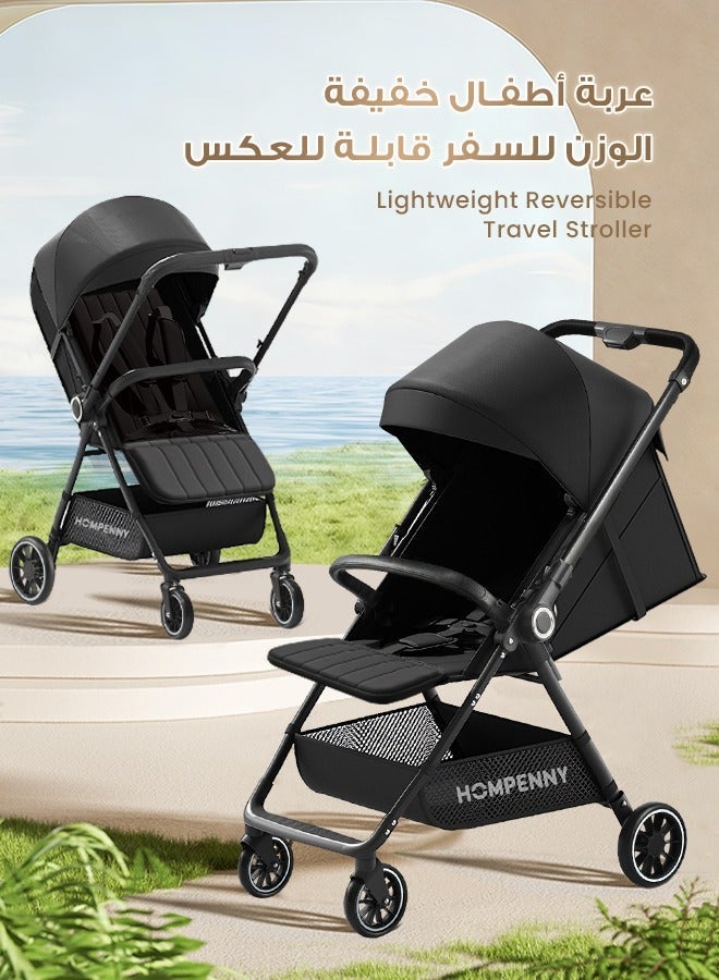 Hompenny Lightweight Reversible Travel Stroller｜High Landscape Design｜Only 4.8kg, One-Click Fold｜360° Shock-Absorbing Wheels｜Multi-Position Recline｜For 0–4 Years｜Cabin-Friendly Black Single Stroller - Image 2