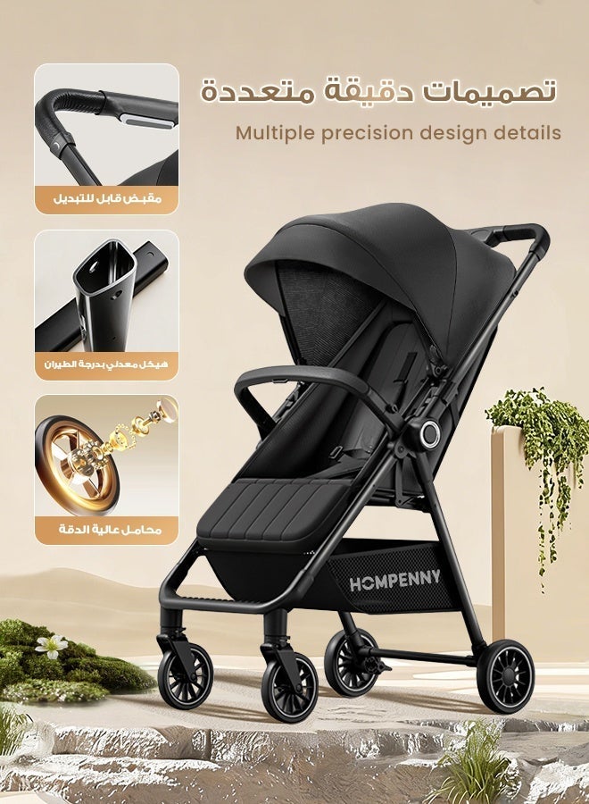 Hompenny Lightweight Reversible Travel Stroller｜High Landscape Design｜Only 4.8kg, One-Click Fold｜360° Shock-Absorbing Wheels｜Multi-Position Recline｜For 0–4 Years｜Cabin-Friendly Black Single Stroller - Image 3