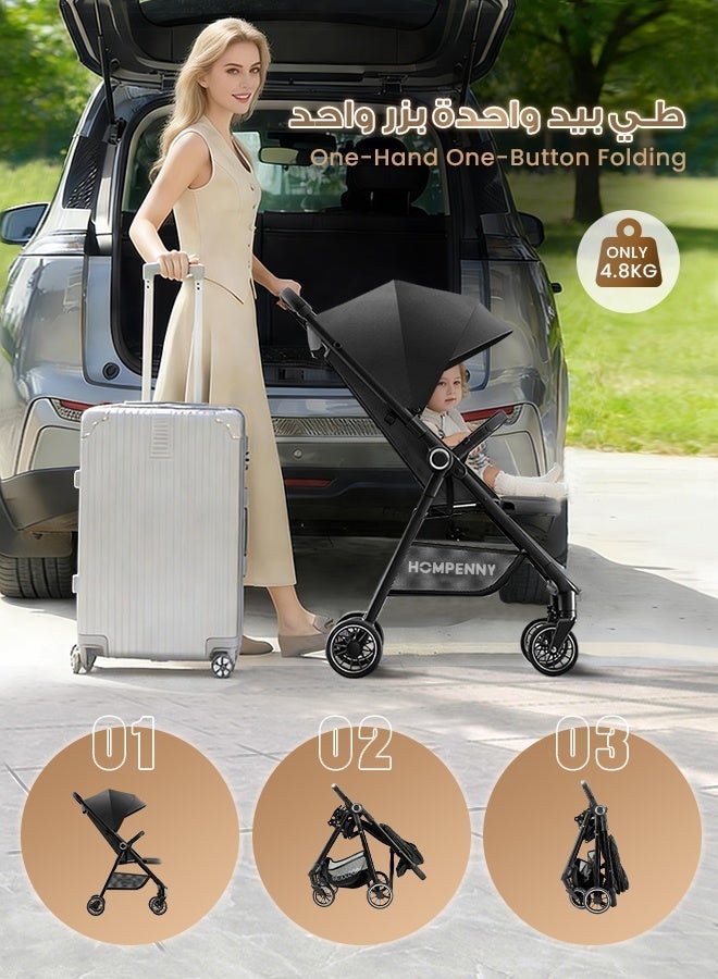 Hompenny Lightweight Reversible Travel Stroller｜High Landscape Design｜Only 4.8kg, One-Click Fold｜360° Shock-Absorbing Wheels｜Multi-Position Recline｜For 0–4 Years｜Cabin-Friendly Black Single Stroller - Image 4