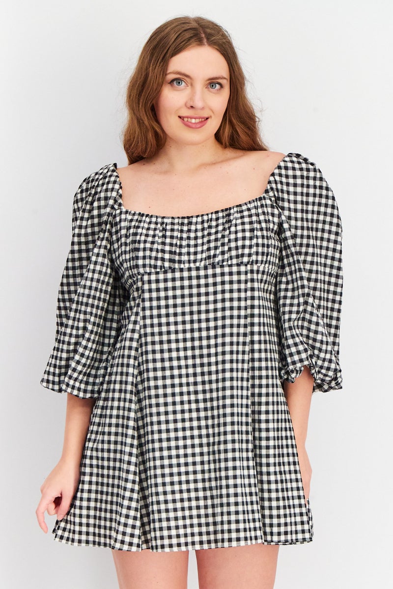 forever new Women Petite Gingham Smock Mini Dress, Black - Image 1