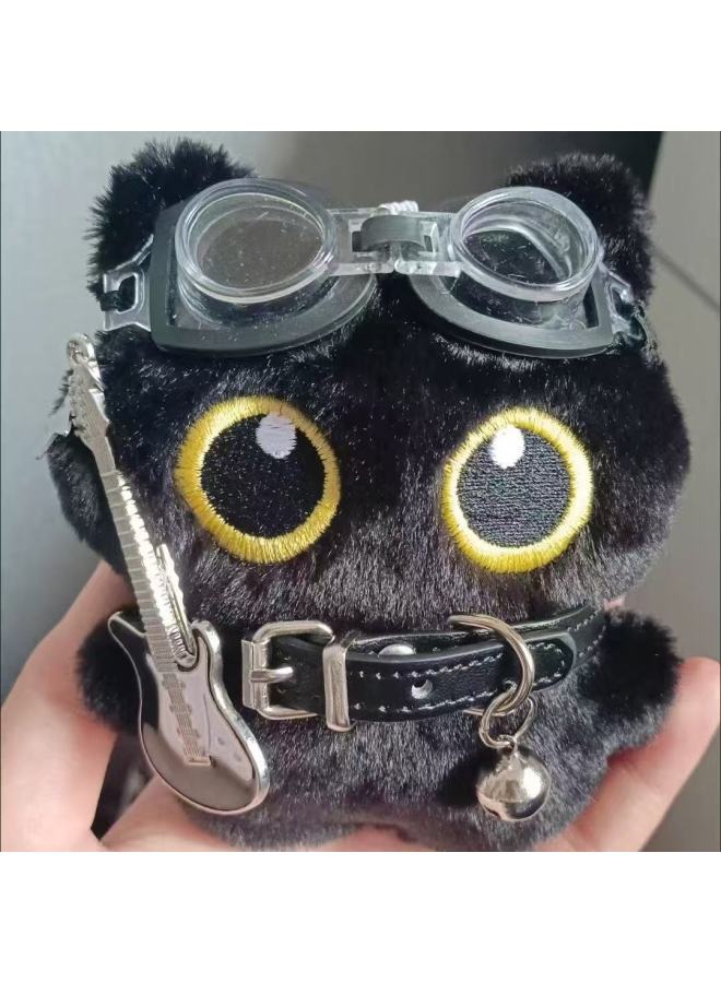 Cute Punk Little Black Cat Doll Pendant Rock Collar Guitar Plush Toy Holiday Birthday Gift-Specifications:Rock Little Black Cat Doll [necklace + Goggles + Guitar] - Image 3
