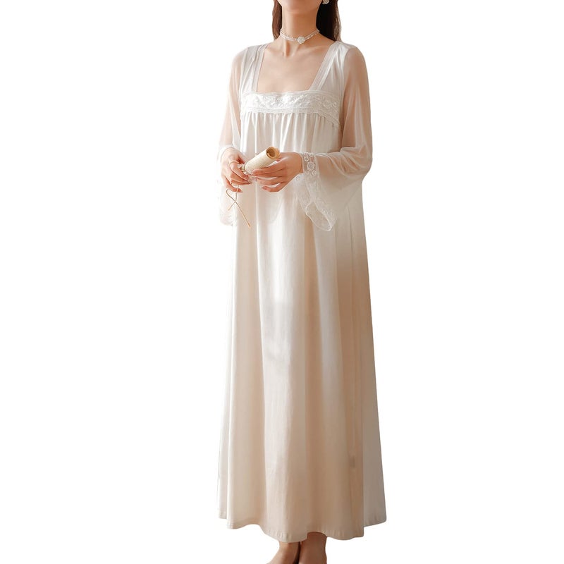 Homgro Womens Cotton Nightgown Long Sleeve Nightgowns Victorian Vintage Autumn Night Shirt White Medium