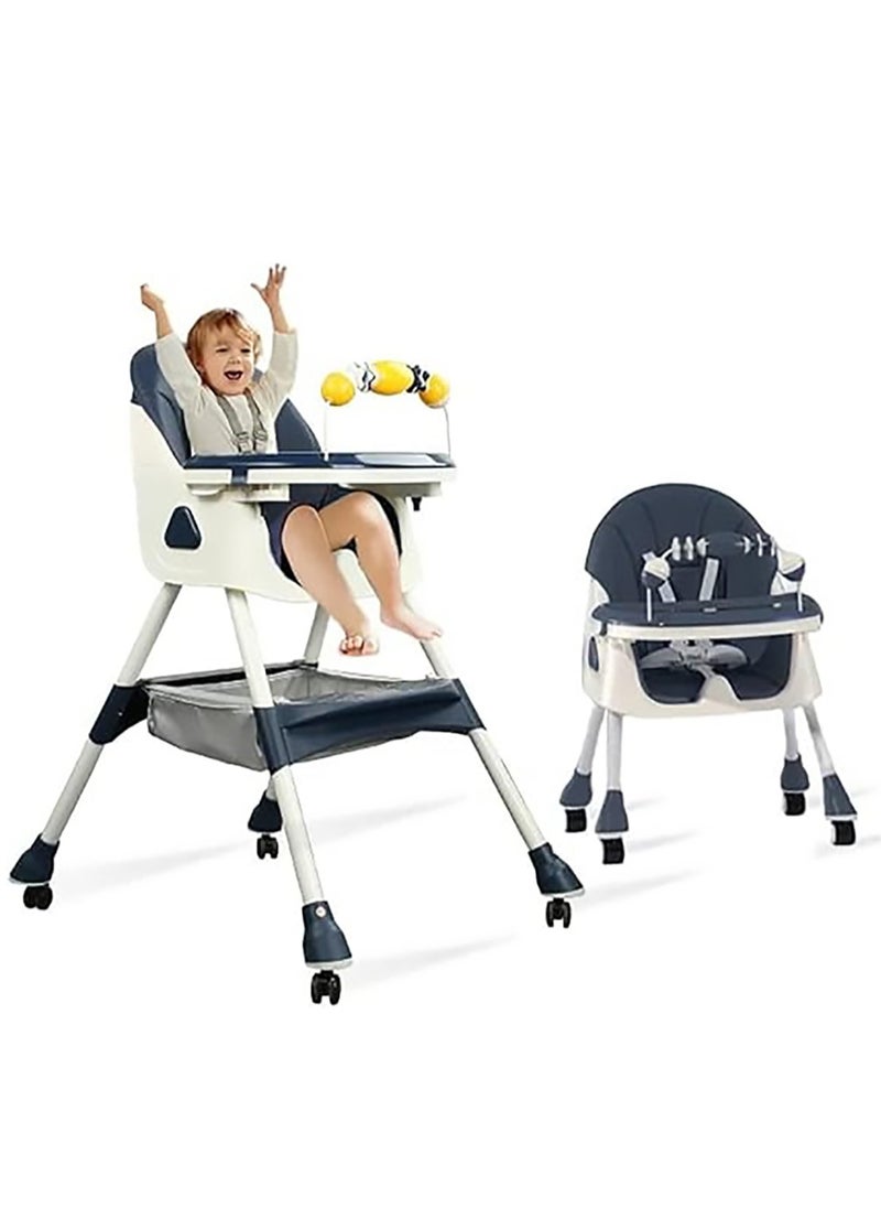 Generic - Happy Kiddo 4-in-1 Convertible High Chair with Adjustable Height and Footrest, Toddler Feeding Booster Seat with Tray, Wheels, Seat Belt and Pillow 6 Months to 4 Years (Blue) - Image 1