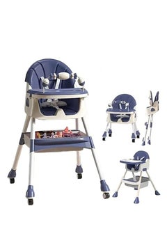 Happy Kiddo 4-in-1 Convertible High Chair with Adjustable Height and Footrest, Toddler Feeding Booster Seat with Tray, Wheels, Seat Belt and Pillow 6 Months to 4 Years (Blue)