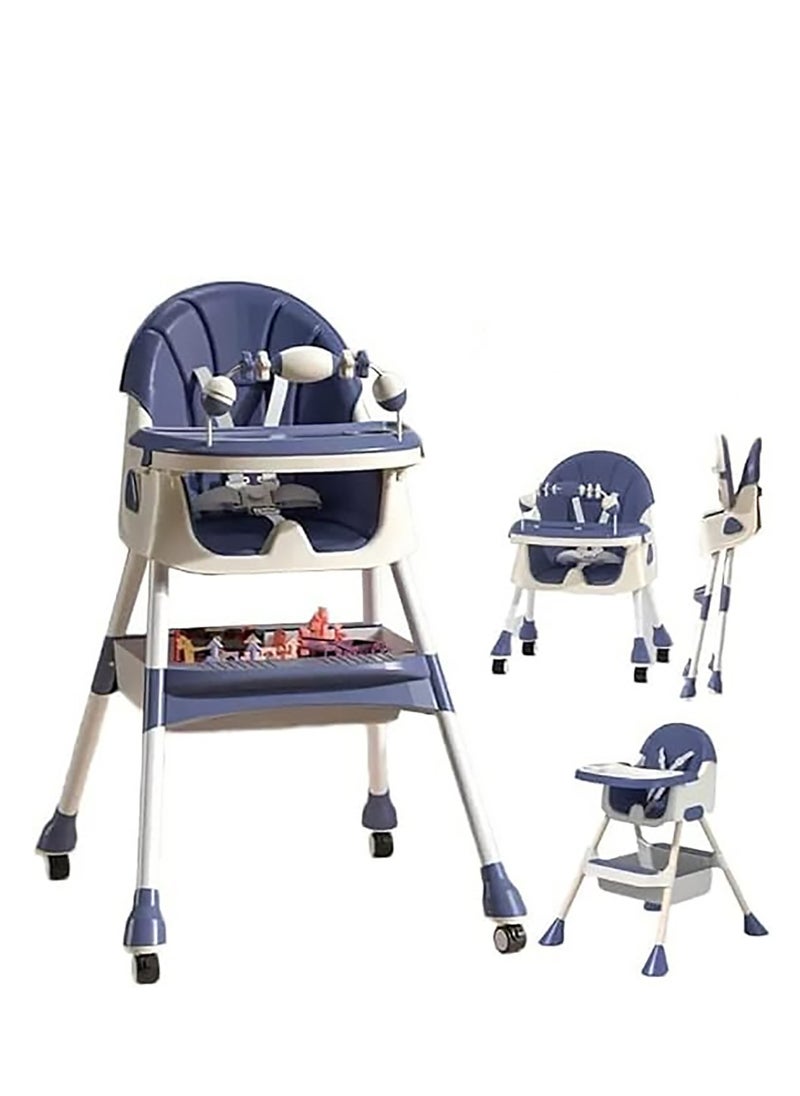 Generic - Happy Kiddo 4-in-1 Convertible High Chair with Adjustable Height and Footrest, Toddler Feeding Booster Seat with Tray, Wheels, Seat Belt and Pillow 6 Months to 4 Years (Blue) - Image 1