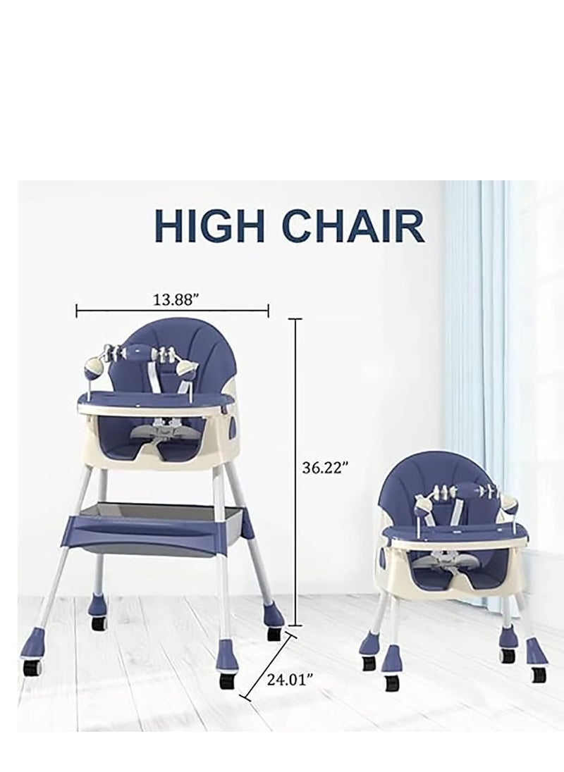 Generic - Happy Kiddo 4-in-1 Convertible High Chair with Adjustable Height and Footrest, Toddler Feeding Booster Seat with Tray, Wheels, Seat Belt and Pillow 6 Months to 4 Years (Blue) - Image 1