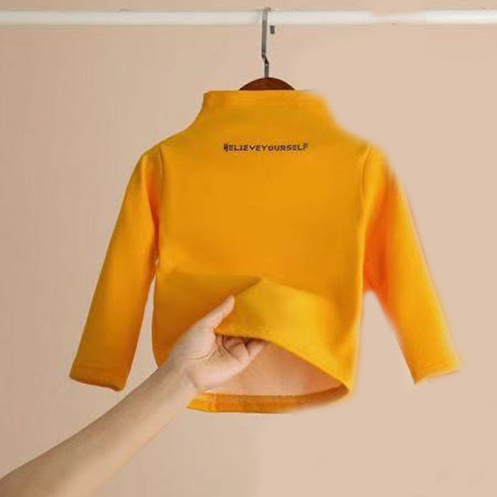 Childrens fleece-lined thickened turtleneck bottoming shirt suit winter boys and girls long johns underwear suit baby middle and big children Yellow Top