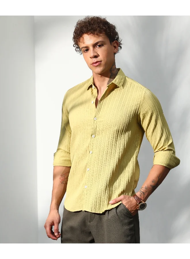 Campus Sutra Men's Naples Yellow Self-Design Striped Shirt For Casual Wear | Spread Collar | Long Sleeve | Button Closure | Shirt Crafted With Comfort Fit For Everyday Wear