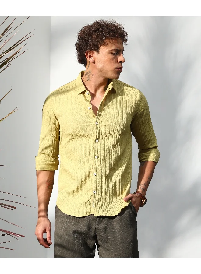 Campus Sutra Men's Naples Yellow Self-Design Striped Shirt For Casual Wear | Spread Collar | Long Sleeve | Button Closure | Shirt Crafted With Comfort Fit For Everyday Wear