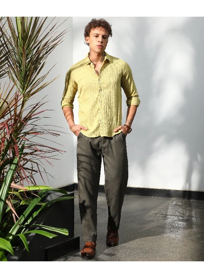 CAHOOT  Men's Naples Yellow Self-Design Striped Shirt for Men | Best Price UAE