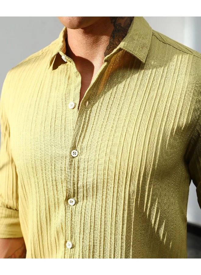CAHOOT  Men's Naples Yellow Self-Design Striped Shirt for Men | Best Price UAE