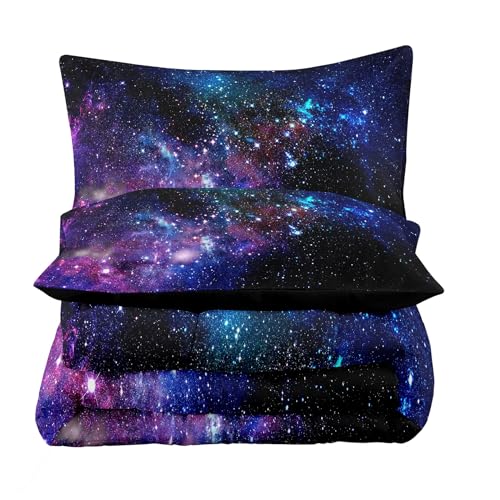 Tailor Shop 5 Pieces Galaxy Comforter Set Twin Size Space Blue and Purple Starry Sky Night Pattern Bedding Set for Girls Boys Kids Twin Size(1 Comforter, 1 Flat Sheet, 1 Fitted Sheet, 2 Pillowcases) - Image 3