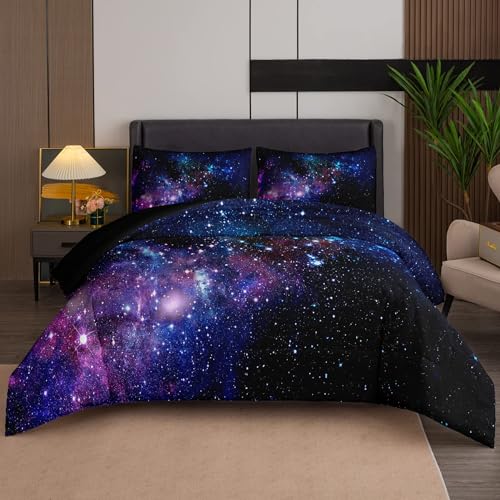Tailor Shop 5 Pieces Galaxy Comforter Set Twin Size Space Blue and Purple Starry Sky Night Pattern Bedding Set for Girls Boys Kids Twin Size(1 Comforter, 1 Flat Sheet, 1 Fitted Sheet, 2 Pillowcases) - Image 1