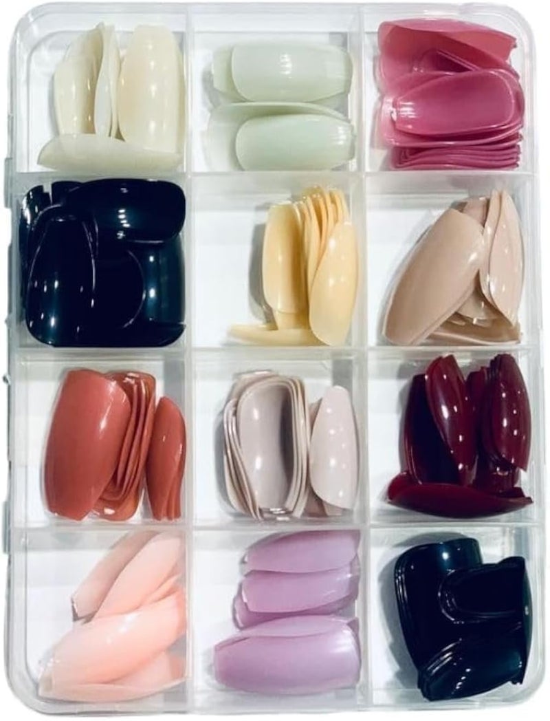 216 Pcs Glossy Press On Nails â€“ 12 Colors Coffin & Oval Shape Fake Nails â€“ Full Cover Short Artificial False Nails â€“ Durable Gloss Finish for Women and Girls Manicure Decoration
