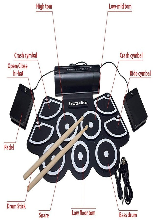 Vikrida 9 pad Electronic Roll up Drum with Built-in Speaker and 2 Foot Pedals and 2 Drum Stick - Image 2