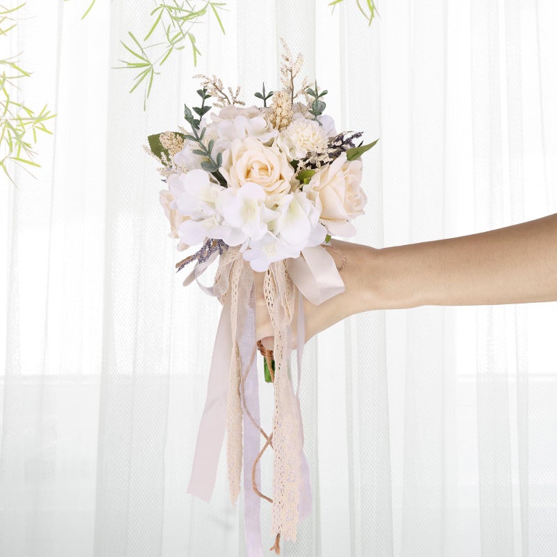 CEWOR Wedding Bouquets for Bride Bridesmaid, White Champagne Artificial Roses Flowers Wedding Decoration (7.5in) - Image 5