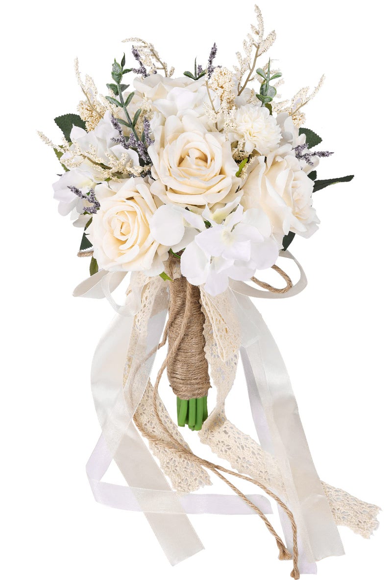 CEWOR Wedding Bouquets for Bride Bridesmaid, White Champagne Artificial Roses Flowers Wedding Decoration (7.5in) - Image 1