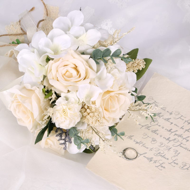 CEWOR Wedding Bouquets for Bride Bridesmaid, White Champagne Artificial Roses Flowers Wedding Decoration (7.5in) - Image 4