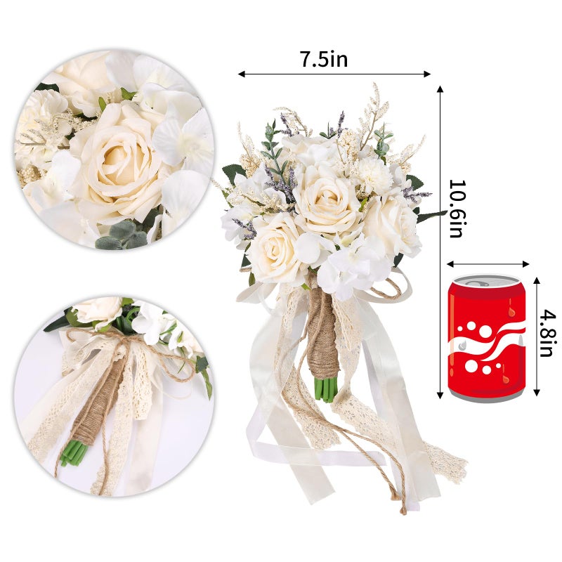 CEWOR Wedding Bouquets for Bride Bridesmaid, White Champagne Artificial Roses Flowers Wedding Decoration (7.5in) - Image 2