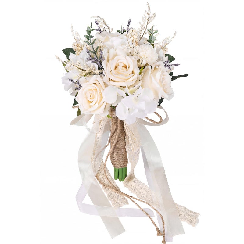 CEWOR Wedding Bouquets for Bride Bridesmaid, White Champagne Artificial Roses Flowers Wedding Decoration (7.5in) - Image 1