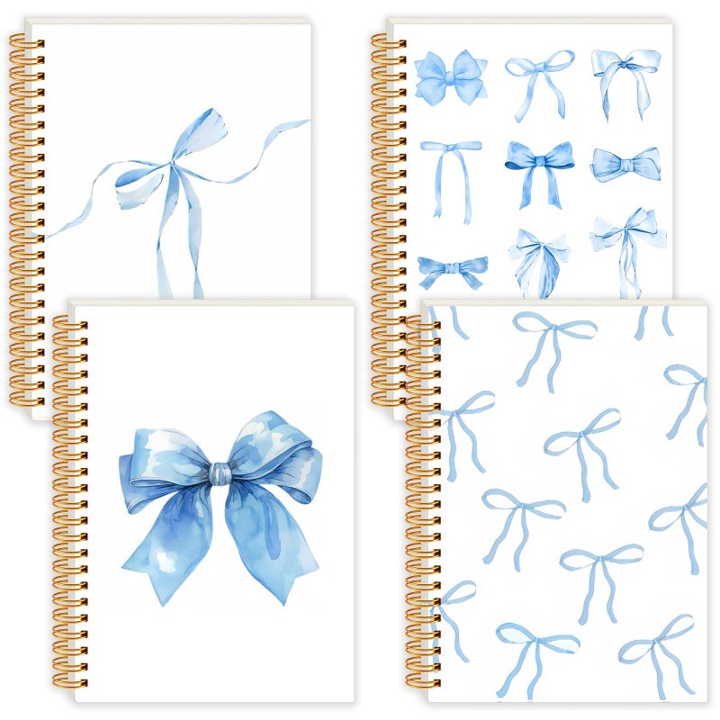 Resurhang 4 Pack Coquette Preppy Bow Notebook, A5 Aesthetic Spiral Notebook Journals for Women, Cute Bow Notebooks for School, Preppy School Supplies, Notebooks College Ruled (Blue,Bow Style) - Image 1