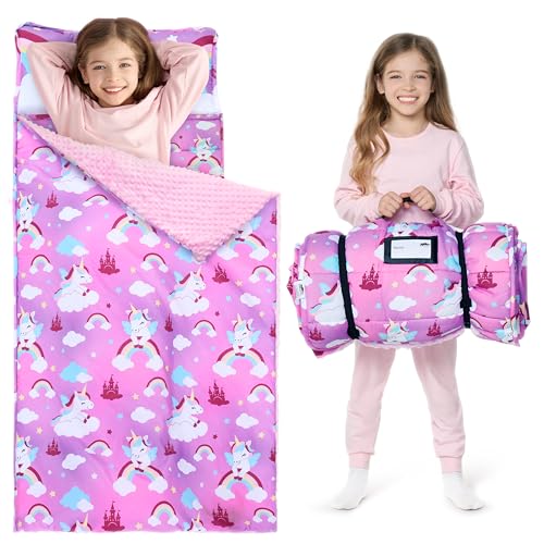 JOIEDOMI Toddler Sleeping Bag for Kids 55x30 Nap Mat with Removable Pillow and Minky Blanket for Toddler Ages 37 Roll Up Soft Kids Sleeping Bag for Boys Girls Kindergarten Daycare Purple Unicorn - Image 1