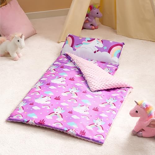 JOIEDOMI Toddler Sleeping Bag for Kids 55x30 Nap Mat with Removable Pillow and Minky Blanket for Toddler Ages 37 Roll Up Soft Kids Sleeping Bag for Boys Girls Kindergarten Daycare Purple Unicorn - Image 5