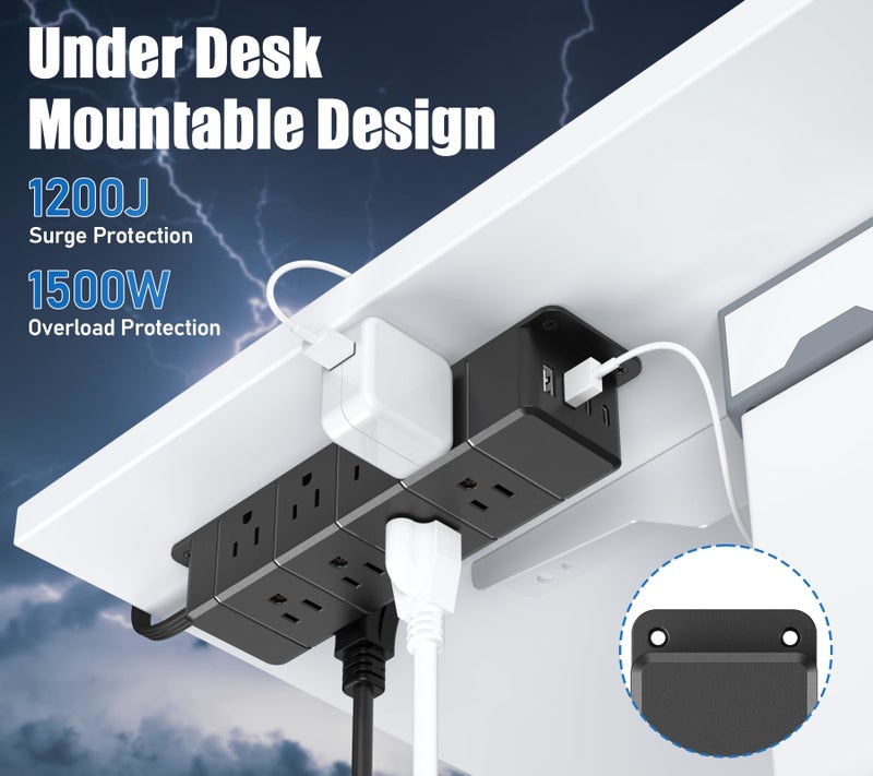 ANNQUAN 40W Fast Charging Under Desk Power Strip with Switch,12 Outlet Mountable Power Strip with 4 USB,1200J Surge Protection,6FT Flat Extension Cord Black - Image 5