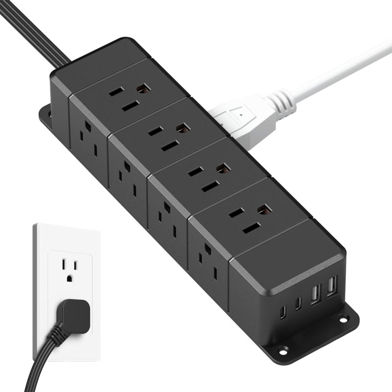 ANNQUAN 40W Fast Charging Under Desk Power Strip with Switch,12 Outlet Mountable Power Strip with 4 USB,1200J Surge Protection,6FT Flat Extension Cord Black - Image 1