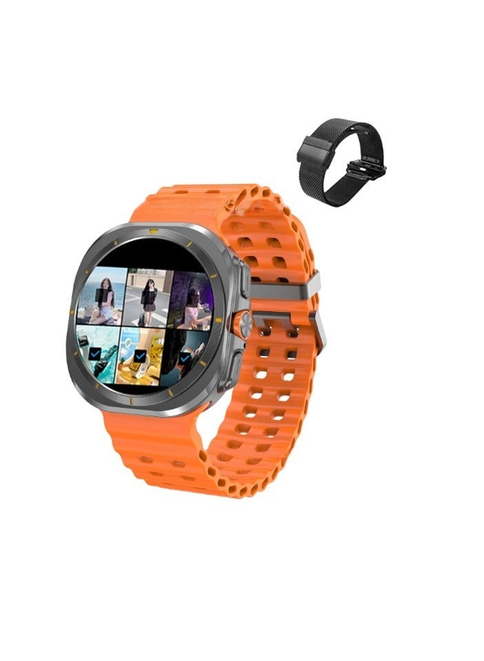 ساعة ذكية ألترا 7، 4 جيجابايت، رؤية ثلاثية الأبعاد، مكالمات بلوتوث، شحن لاسلكي، ساعة دي تي، مقاومة للماء، ساعة ذكية خفيفة الوزن ومريحة للرجال والنساء، (قطعة واحدة، برتقالي مع حزام شبكي، 32 جيجابايت) - Image 1