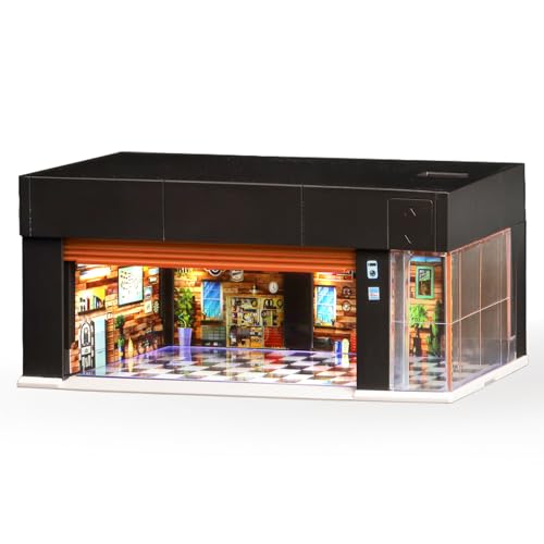 MOCBURIKU 164 Scale Diecast Display Case for Hot Wheel Storage with LED Lights Stackable Electric Garage with Voice Control 3 Replaceable 3D Scenes Parking Lot Diorama for Model Cars Brown - Image 1