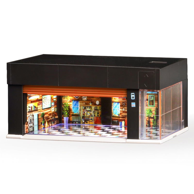 MOCBURIKU 164 Scale Diecast Display Case for Hot Wheel Storage with LED Lights Stackable Electric Garage with Voice Control 3 Replaceable 3D Scenes Parking Lot Diorama for Model Cars Brown - Image 2