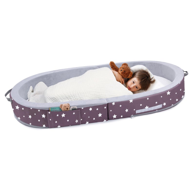 Mooedcoe Portable Foldable Toddler Travel Bed with Sides Folding Toddler Bed for Travel Kid Foam Sleeping Cot for Children 18M 5yr Old Round Star