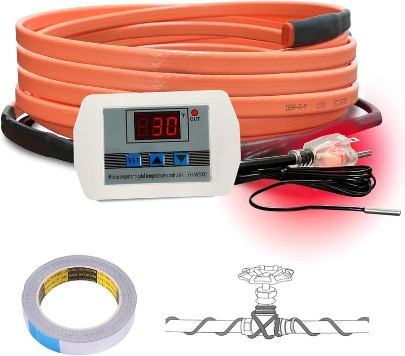 Cupohus Heat Tape for Water Pipes with Digital Display Thermostat 12FT, Freeze Protection Self-Regulating Heat Trace Cable for Metal, Plastic Home Pipes, Roof and RV - Image 1