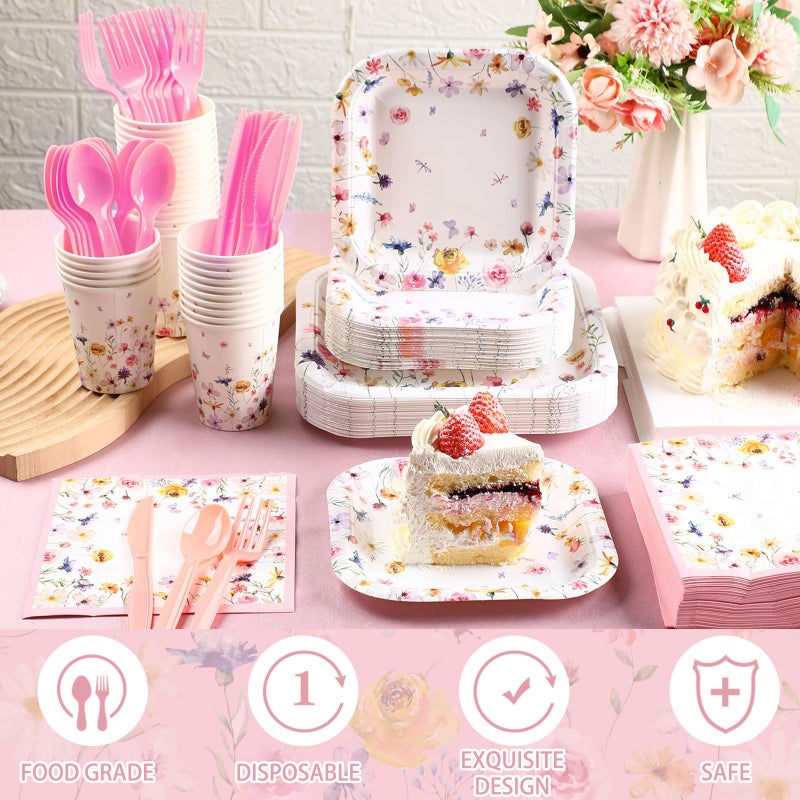 Suttmin 350 Pcs Wildflower Paper Plates and Napkins Set 9 Inch 7 Inch Disposable Durable Spring Floral Dinnerware Set Wedding Baby Shower Party Supplies Tableware Serve 50 Guest Cups Knife Forks Spoon - Image 3