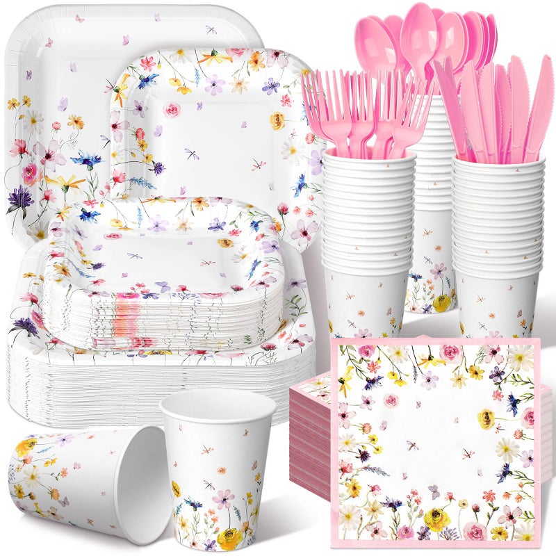 Suttmin 350 Pcs Wildflower Paper Plates and Napkins Set 9 Inch 7 Inch Disposable Durable Spring Floral Dinnerware Set Wedding Baby Shower Party Supplies Tableware Serve 50 Guest Cups Knife Forks Spoon - Image 1