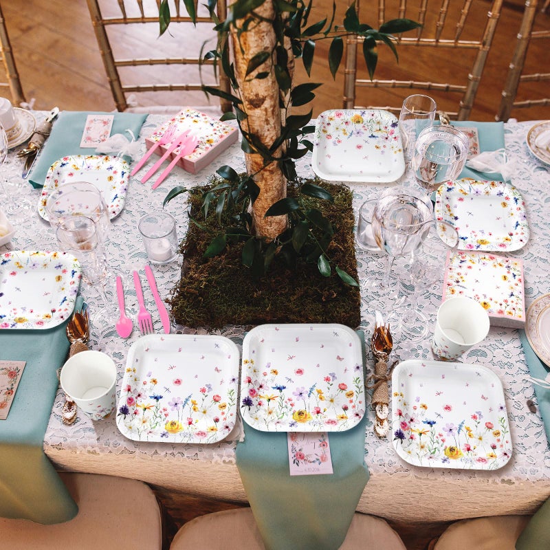 Suttmin 350 Pcs Wildflower Paper Plates and Napkins Set 9 Inch 7 Inch Disposable Durable Spring Floral Dinnerware Set Wedding Baby Shower Party Supplies Tableware Serve 50 Guest Cups Knife Forks Spoon - Image 4