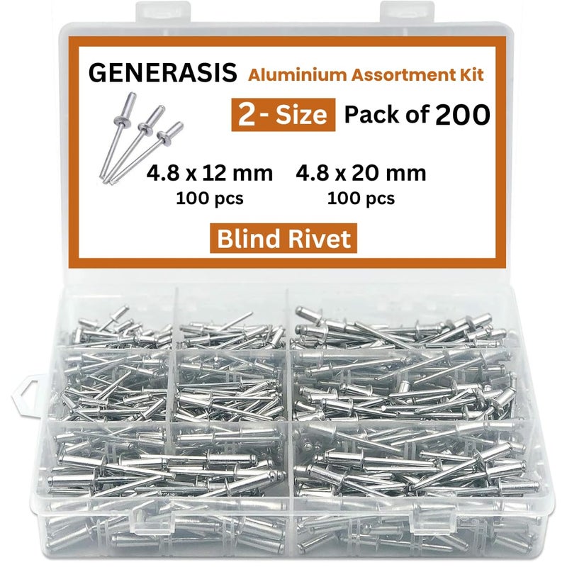 GENERASIS طقم مسامير ألومنيوم عمياء بحجمين 200 قطعة، كل حجم 100 قطعة | مسامير معدنية POP لآلة/مسدس التثبيت، دبوس التثبيت (200 قطعة 4.8 × 12 و 4.8 × 20 بحجمين) - Image 1