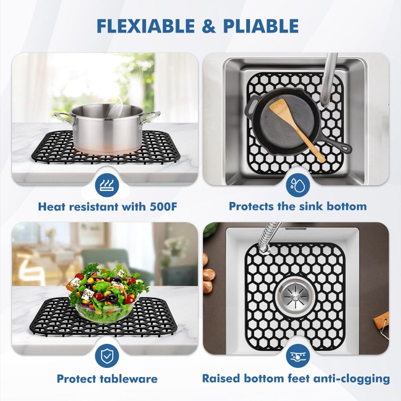 Bestjing 2 Pack Silicone Sink Protectors For Kitchen Sink - 12"" X 11"" Kitchen Grid Accessory  Non-Slip Heat-Resistant Mat For Bottom Of Porcelain Stainless Steel  Dishwasher Safe (Black) - Image 4