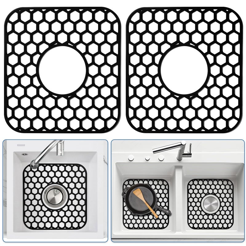 Bestjing 2 Pack Silicone Sink Protectors For Kitchen Sink - 12"" X 11"" Kitchen Grid Accessory  Non-Slip Heat-Resistant Mat For Bottom Of Porcelain Stainless Steel  Dishwasher Safe (Black) - Image 1