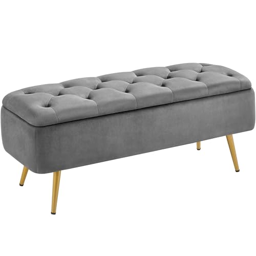 Yaheetech 42 Inches Ottoman with Floding Velvet Storage Bench Foot Stool for Living Room Bedroom Entryway Gray