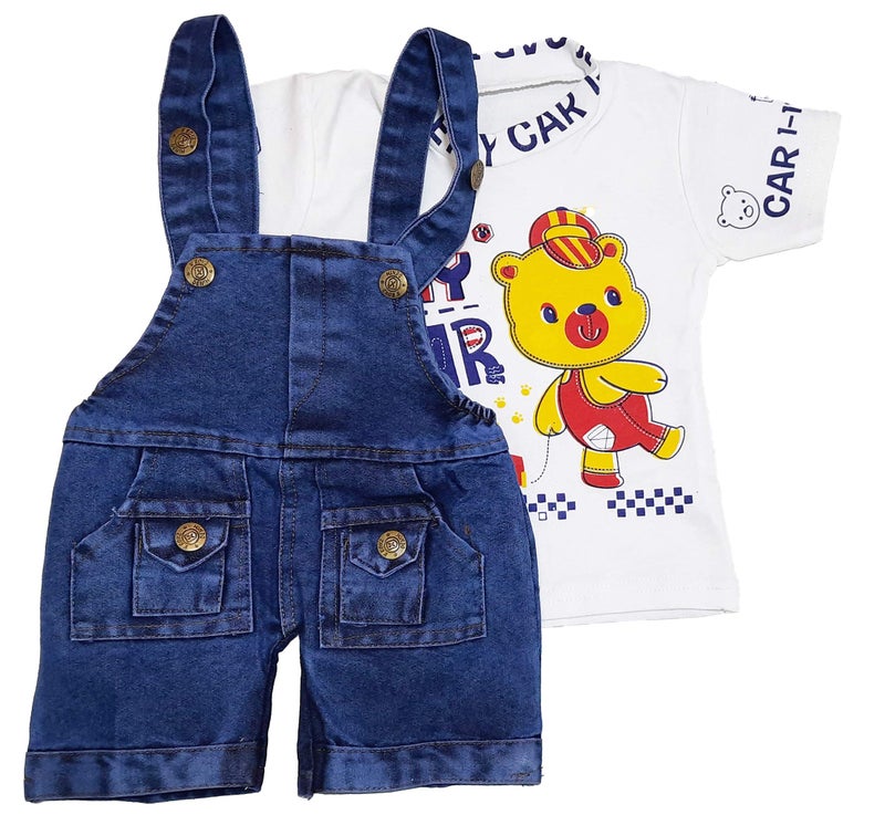 little PANDA Baby Boys & Baby Girls Denim Dungaree & T-Shirt Clothing Set (White, 0-6 Months), Printed - Image 5