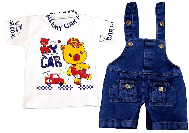 little PANDA Baby Boys & Baby Girls Denim Dungaree & T-Shirt Clothing Set (White, 0-6 Months), Printed - Image 3