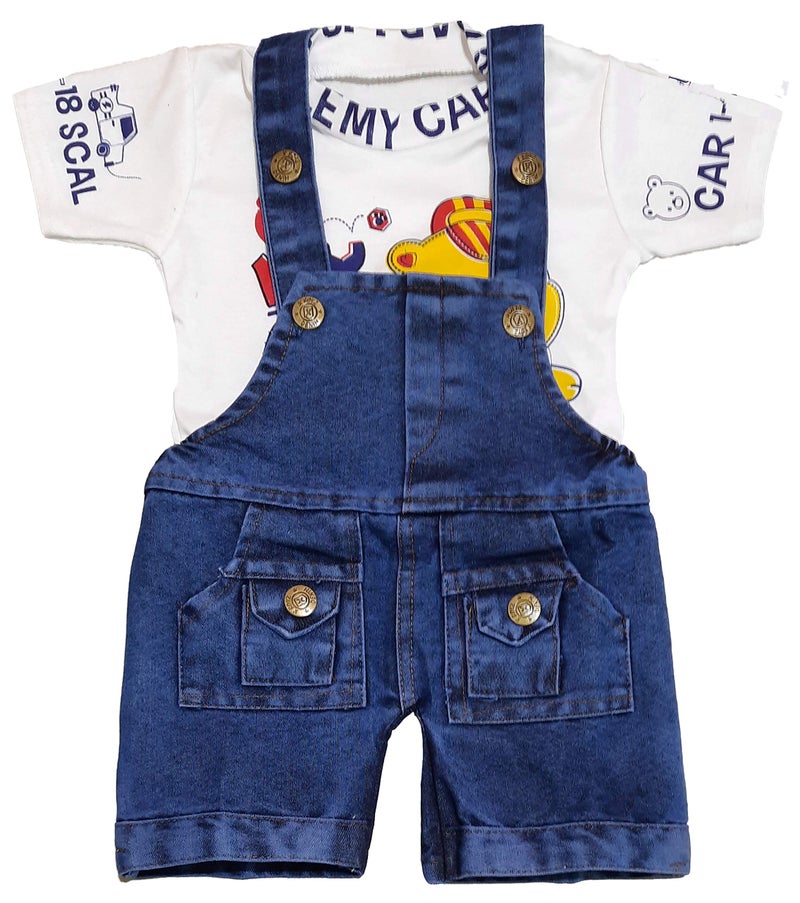 little PANDA Baby Boys & Baby Girls Denim Dungaree & T-Shirt Clothing Set (White, 0-6 Months), Printed - Image 1