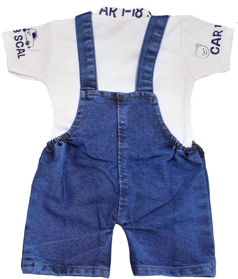 little PANDA Baby Boys & Baby Girls Denim Dungaree & T-Shirt Clothing Set (White, 0-6 Months), Printed - Image 2