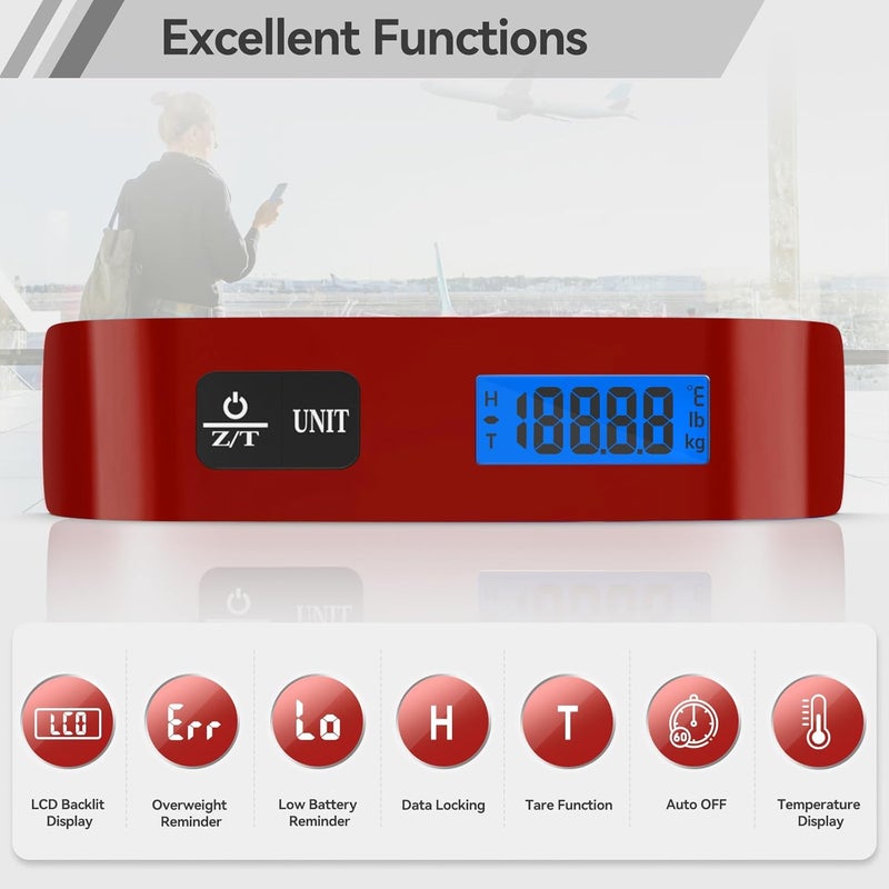 Dr.Meter Luggage Scale, Luggage Weight Scale Backlight LCD Display PS02 110lb/50kg Electronic Balance Digital Postal Travel Accessories with Rubber Paint Handle Temperature Sensor, Red - Image 2