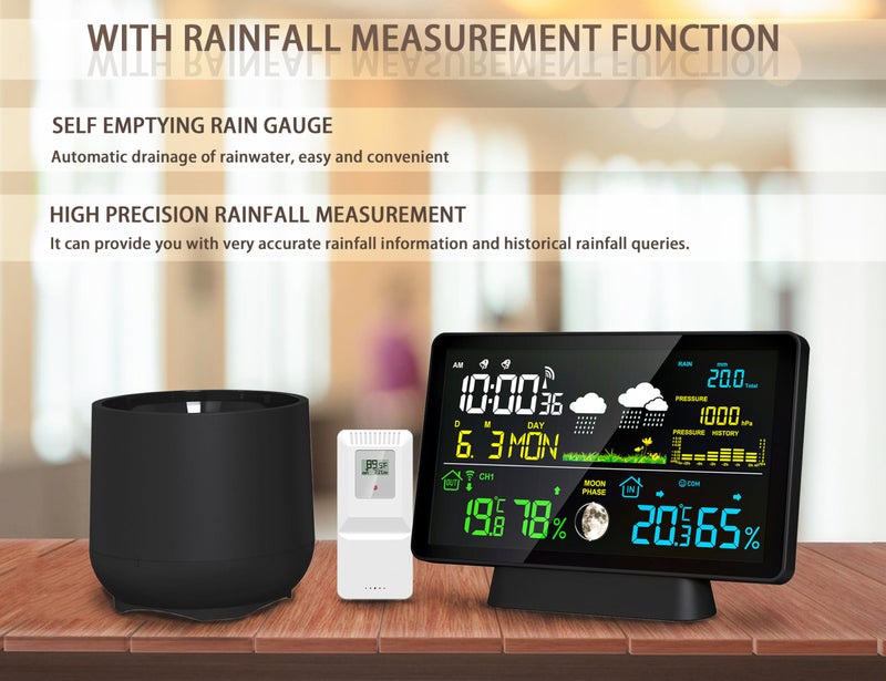 BIUWING Wireless Rain Gauge and Weather Station, Digital Rain Gauge Outdoor Home Weather Stations with Thermometer, Hygrometer, Atomic Clock, Forecast and Barometer, Weather Station with Rain Gauges - Image 3