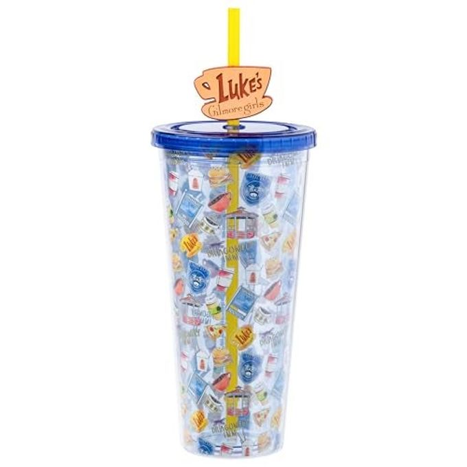 Silver Buffalo Gilmore Girls Plastic Cold Cup with Lid and Straw Topper Featuring Lukeâ€™s Diner, Stars Hollow, Chilton, and the Dragonfly Inn, 24 Ounces